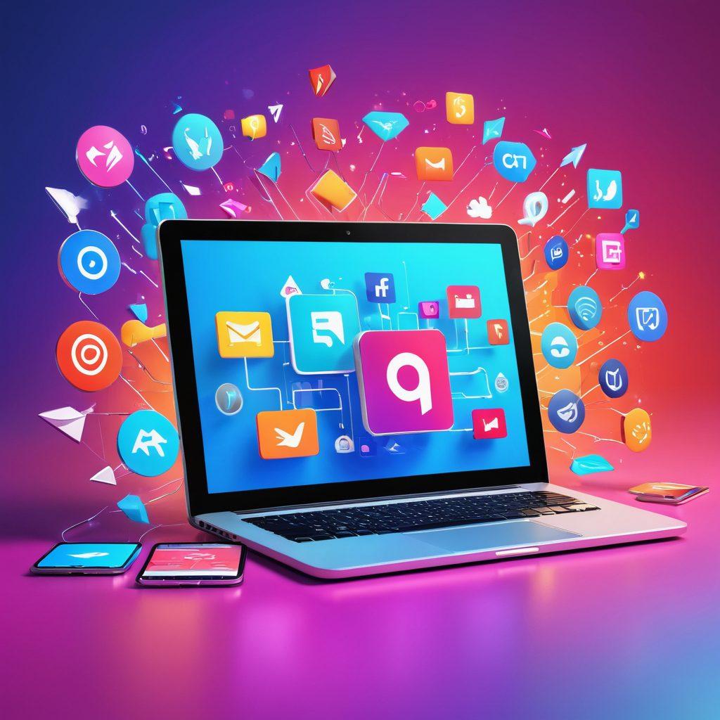 A dynamic collage showcasing diverse digital marketing elements like social media icons, affiliate links, and cyber promotions in action. Include vibrant arrows indicating growth and impact, set in a tech-savvy environment with glowing screens and modern devices. The color palette should be bright and engaging, conveying a sense of activity and success. super-realistic. vibrant colors. 3D.
