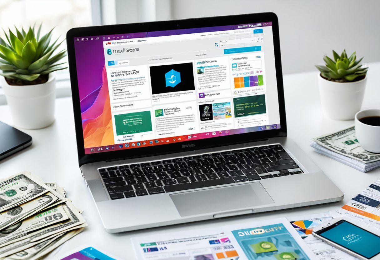 A vibrant, modern workspace featuring a laptop with an open blog page showcasing digital content and promotions. Surrounding the laptop are scattered dollar bills, digital coupons, and a smartphone displaying analytics. The background includes motivational quotes and icons representing online savings. Bright and inviting atmosphere. super-realistic. vibrant colors. white background.