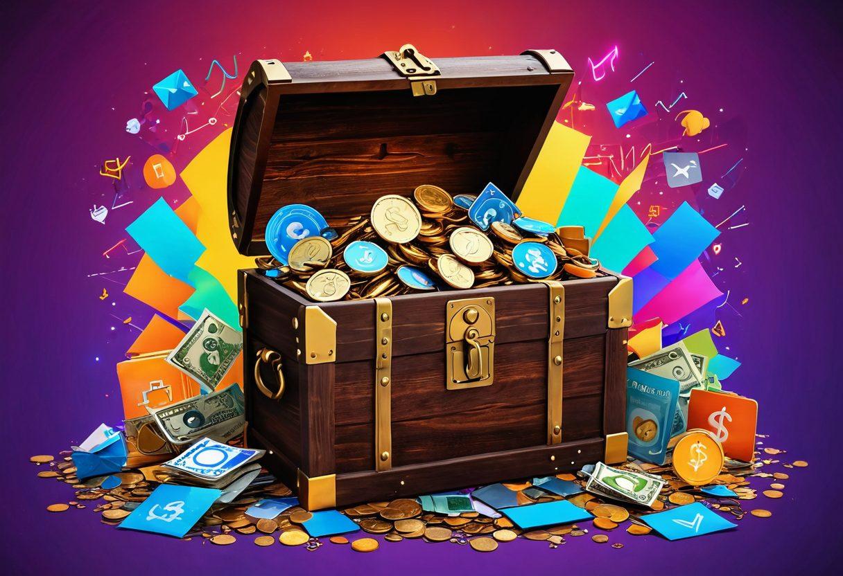 A vibrant digital collage depicting a treasure chest overflowing with coins, bills, and social media icons representing content sharing. Surrounding the chest, a diverse group of people joyfully exchanging ideas and information on various devices. In the background, creative graphs and data visualizations showcase strategic savings. Bright and engaging colors to stimulate excitement and curiosity. digital art. vibrant colors. 3D effect.
